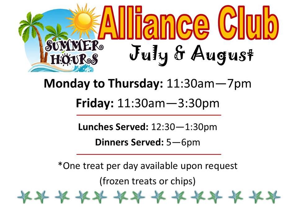 Summer Hours in The Alliance Club Drop-In